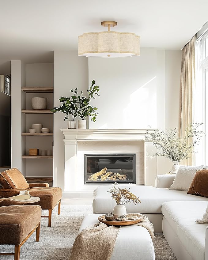 Gold Semi Flush Mount Ceiling Lights, 4-Light 18" Brass Light Fixtures Ceiling Mount with Linen Fabric Drum Shade in Flower Shape for Nursery Bedroom Kitchen Hallway, AD-22009-4SF-GD-B