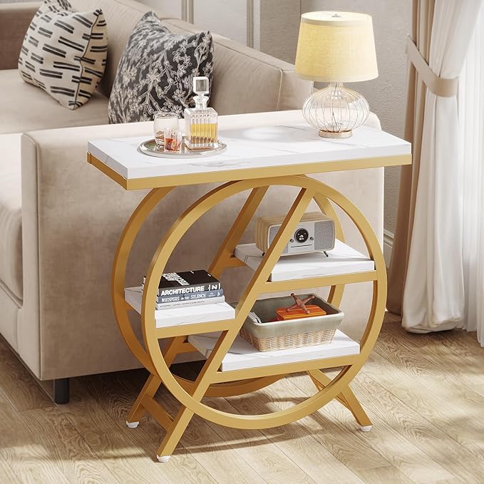 Tribesigns End Table Set of 2, Modern Faux Marble Side Table for Living Room, 3 Tier Narrow Sofa Side Table with Storage and Metal Frame, Nightstand and Bedside Table for Bedroom, Gold & White