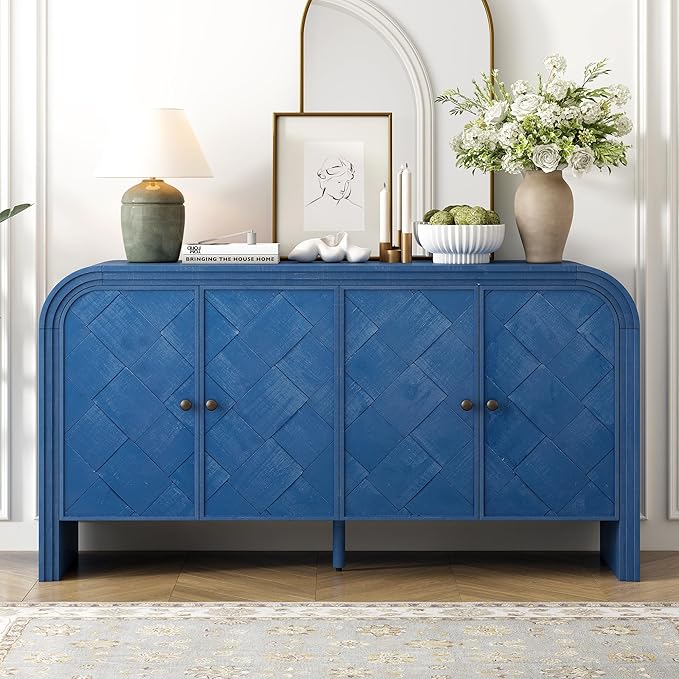 Unique Retro Curved Sideboard with 4 Handwoven Wood Slat Doors, Solid Wood Veneer Accent Entryway Console Table Storage Cabinet for Hallway Living Room Dining Room (Navy Blue-V)