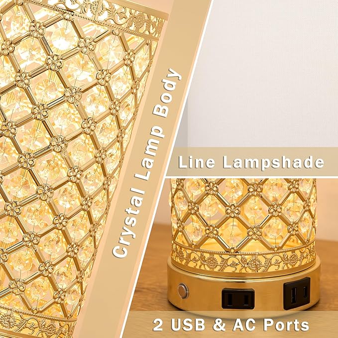 Crystal Table Lamps Modern 3-Way Dimmable Bedside Lamp with 2 USB Ports & AC Outlets for Living Room Bedroom Nightstand Lamp Night Light (Gold- 1 Pack 24In)