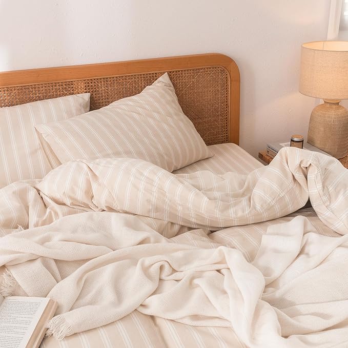 BESTOUCH Duvet Cover Set 100% Washed Cotton Linen Feel Super Soft Comfortable Chic Lightweight 3 PCs Home Bedding Set Almond Grey & White Stripes King