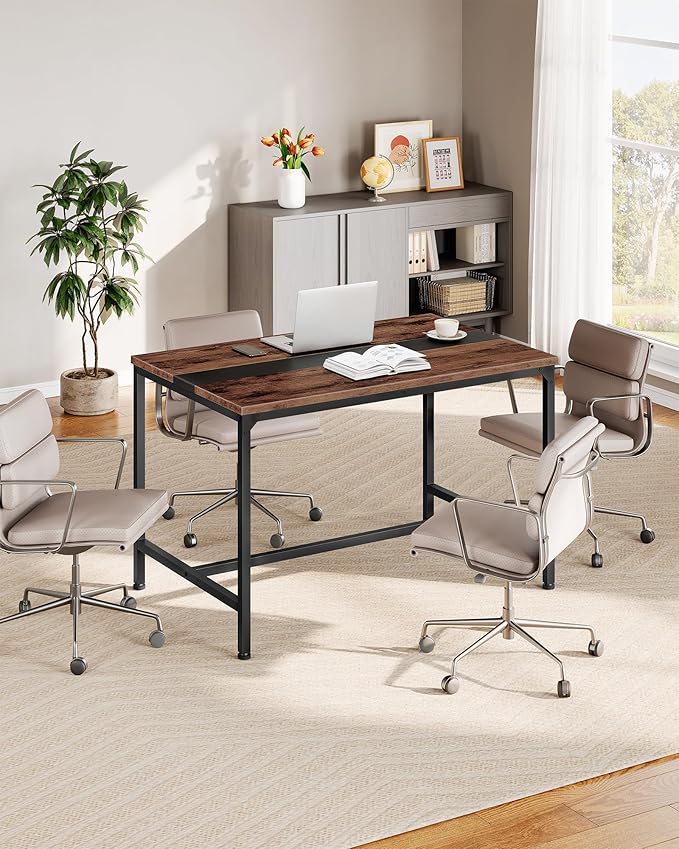 47.2'' Dining Table, Rectangle Color-Blocked Kitchen Dinner Table, for 6 People, Writing Desk, for Dining Room, Living Room, Office, Rustic Brown and Black TCZ12BF