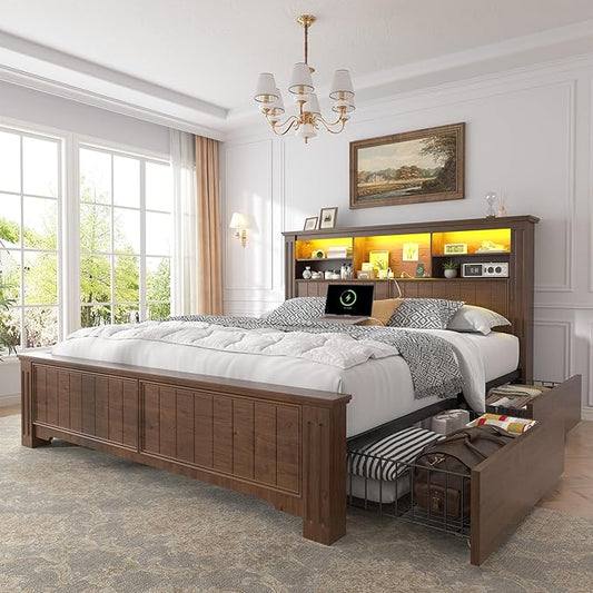 EnHomee Full Size Bed Frame with Headboard and Storage, 4 Drawers and LED Built in Charging Station Full Bed Frame with Storage Farmhouse, NO Noise,No Box Spring Needed,Brown
