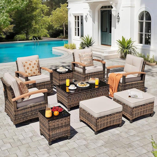 MEISSALIVVE 9 Pieces Outdoor Patio Furniture Sets,PE Wicker Patio Conversation Sets with 4 Wood Armrests Swivel Rocker Chairs，2 Ottoman and Coffee Table(Brown)