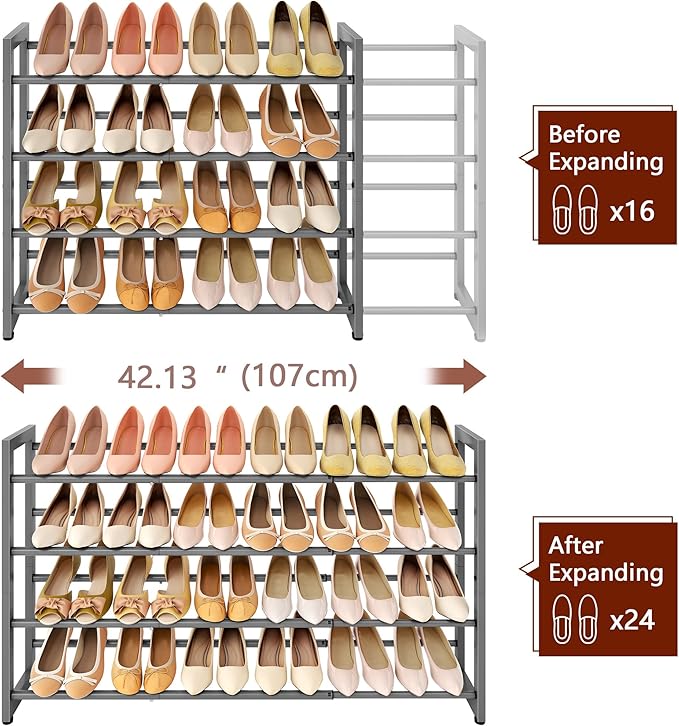 FAVOOSTY 4-Tier Expandable Shoe Rack, Adjustable Shoe Shelf Storage Organizer Space Saving Metal Free Standing Shoe Rack for Entryway Closet Doorway, Silver Grey