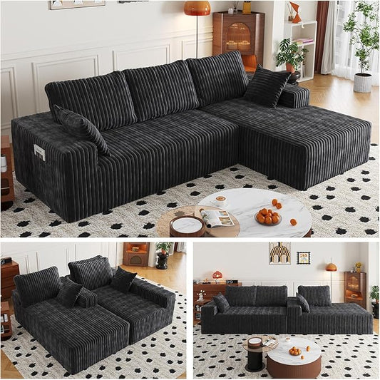 108" Sectional Couches for Living Room, Modular Sectional Sofa with L-Shape Chaise, Boneless Couch, Comfy Corduroy Fluffy Couch with Deep Seat and Side Pockets, No Assembly Required
