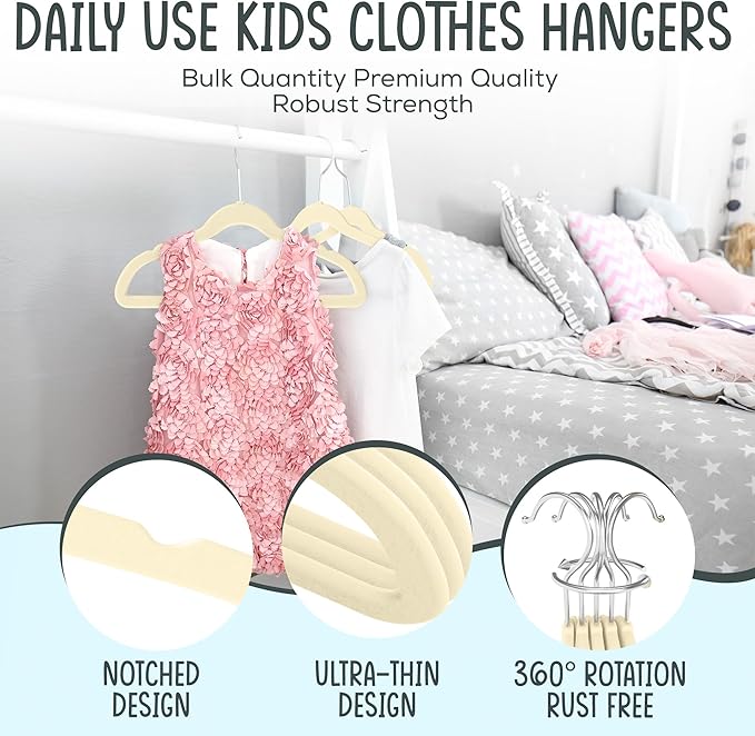 25 Premium Kids Velvet Hangers - 14" Non-Slip Clothes Hangers for Kids & Preteens - Ultra Slim, Space-Saving, Strong & Durable Hangers with 360° Swivel Hook - Beige