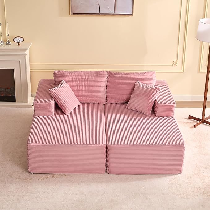 Chaise Lounge Chair, Boneless Couch for Living Room and Bedroom, Sleeper Couches Reading Chairs, Corduroy, Pink