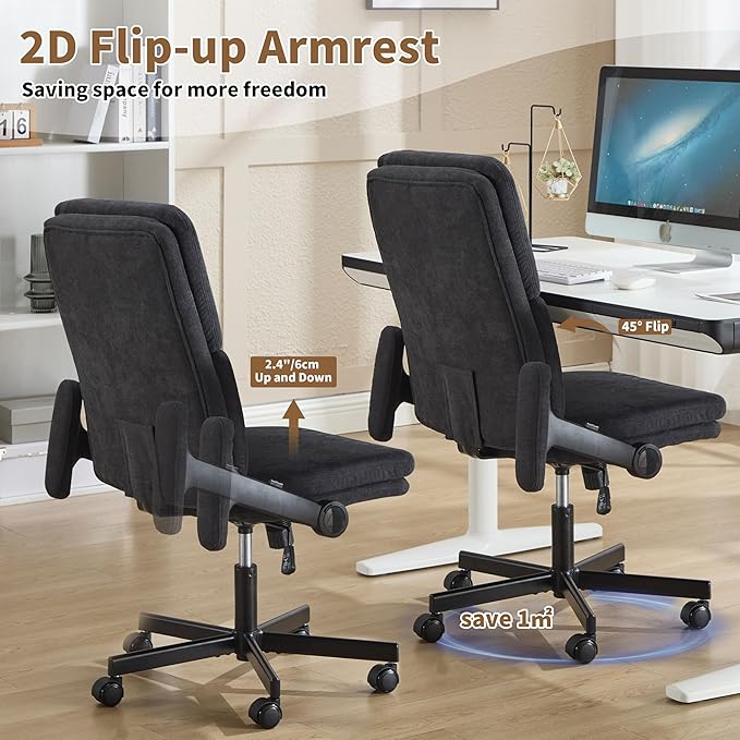 Office Chair Adjustable Desk Chair Mid Back Comfortable Linen Ergonomic Back Support Home Computer Chair with Padded 2D Flip-up Armrest Swivel Wheels (Navy Blue)