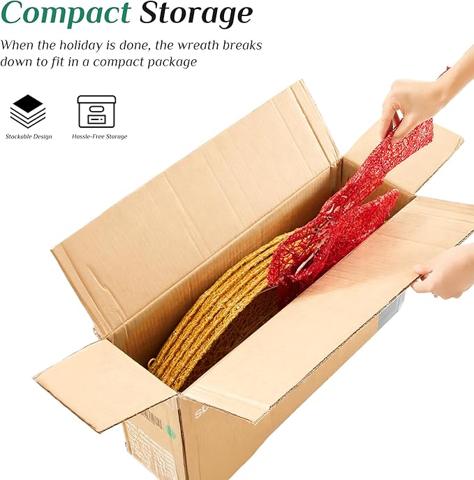 Sweetcrispy 48in Pre-Lit Christmas Wreath, LED Lighted Holiday Outdoor Decoration with Bow for Door, Mantel, Wall, Windows, Front Door Decor, Gold Wreath - Red Bow