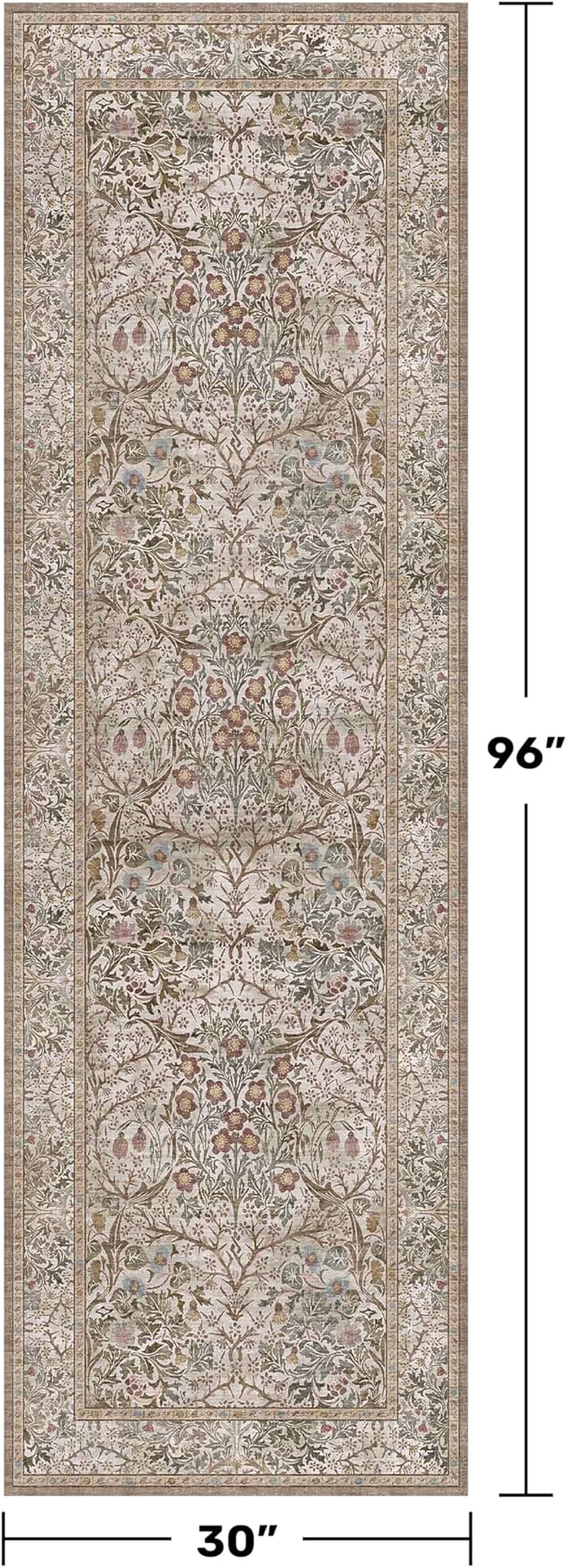 Moss Green 2'6" x 8' Runners for Hallways Non Slip, Extra Long Floor Runner for Kitchen, Entryway Indoor, Washable Rubber Backing Stain Resistant - Vintage Taupe Brown Floral Décor
