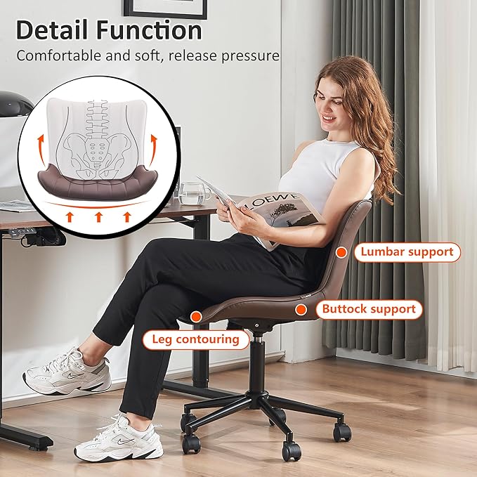 Kidol & Shellder Brown Leather Home Office Desk Chair with Wheels Modern Cute Armless Executive Swivel Vanity Chair with Comfy Padded Back Ergonomic Rolling Adjustable Computer Task Chair Small