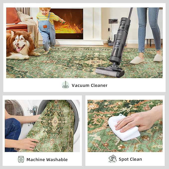 6x9 Vintage Rugs for Dining Room, Washable Rugs Non Slip Large Area Rug for Living Room Bedroom Office, Floor Decoration Big Rug Mat Low-Pile Kid & Pet Friendly(Border Green)