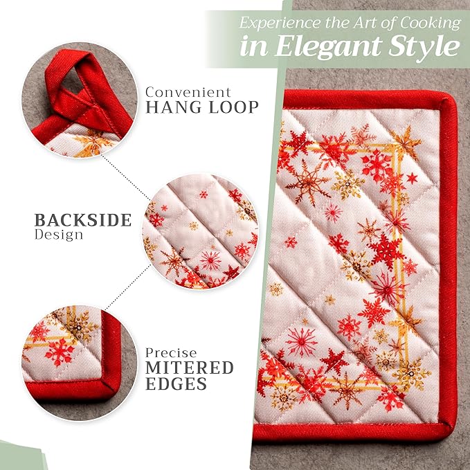 Maison d' Hermine 100% Cotton Oven Mitt & Pot Holder Set (7.5"x13" & 8"x8") Heat Resistant BBQ Cooking Gloves with Loop for Thanksgiving Christmas Decorations Handling Hot Pans (Crystal Star)