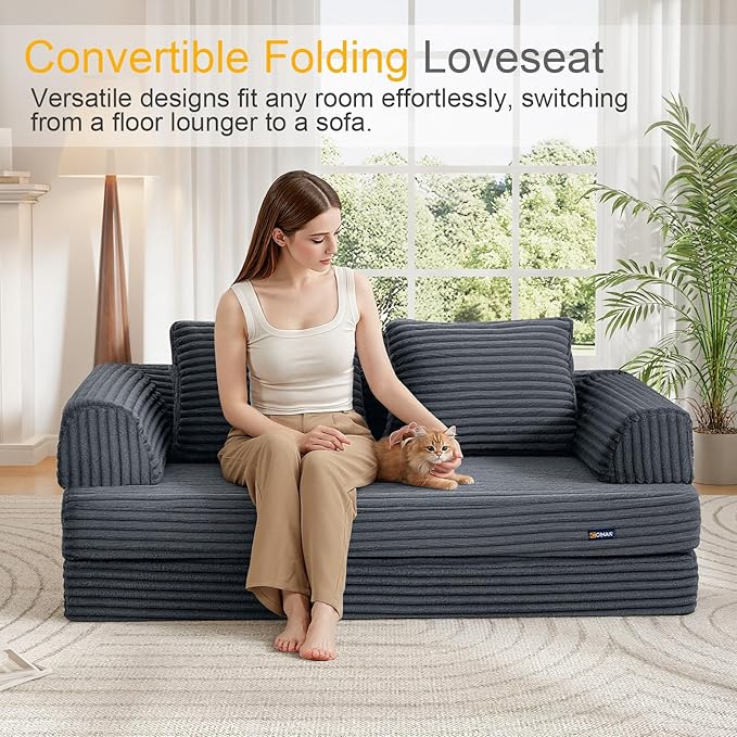 COMAX Convertible Sofa Bed, Folding Floor Couch Corduroy Fold Out Couch Bed Futon Sleeper Mattress with Pillows, Boneless Sofa Comfy Lounge Loveseat for Living Room Bedroom, Plush Grey