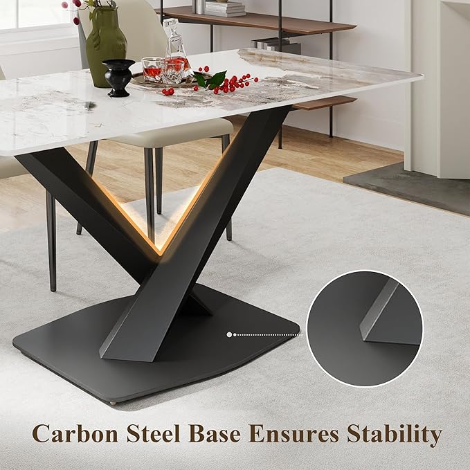 63" Modern Dining Table for 4-6 People, White Sintered Stone Table Top with X-Shape Carbon Steel Pedestal, Large Rectangular Table for Kitchen Living Room