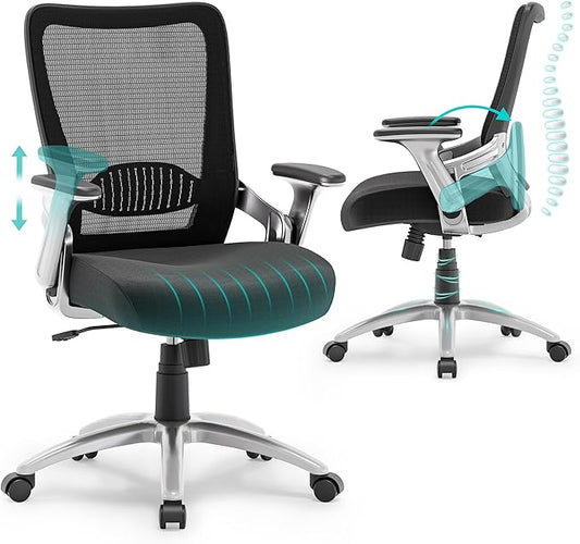 SUNNOW Office Chair, Ergonomic Computer Desk Chair, Sturdy Executive Task Chair - Adjustable Lumbar Support, Flip-up Arms, Tilt Function, Comfy Wide Seat, Swivel Mesh Home Office Desk Chairs (Black)