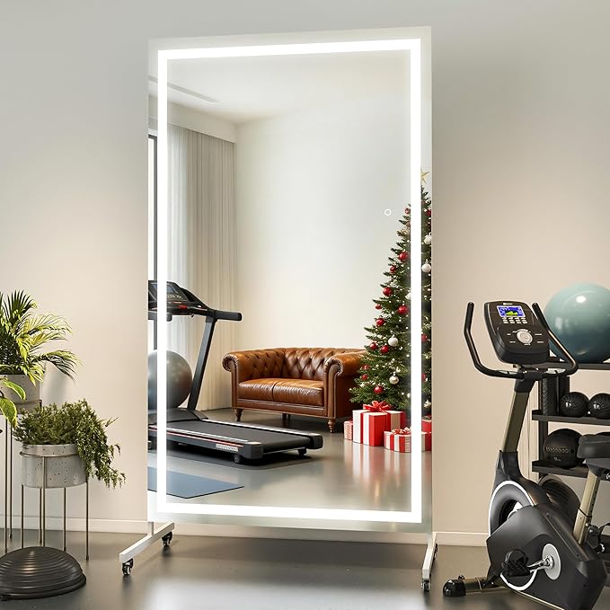 Hasipu Home Gym Mirror with Light 360° Swivel on Wheels, 67" x 40" Extra Large Full Length Rolling LED Mirror for Yoga Studio, Bedroom, Dancing Studio, White