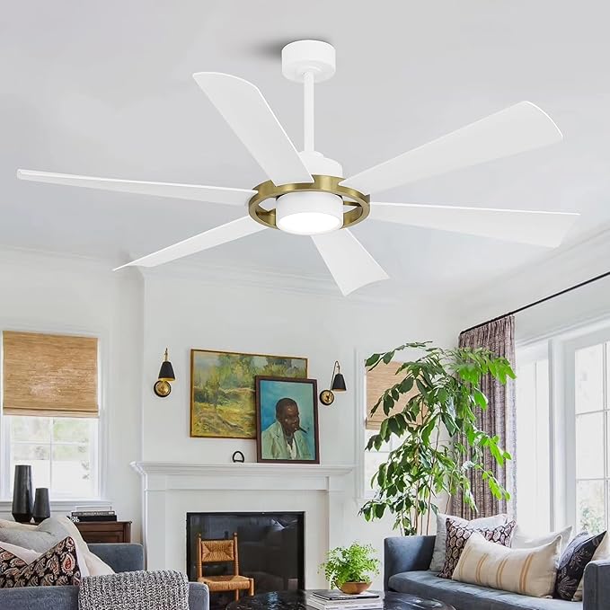 ELEHINSER 60" Ceiling Fan with Lights - 6 ABS Plastic Blades, 3 Downrods, 6-Speed Reversible DC Motor, 3CCT, Windmill Ceiling Fan for Kitchen Bedroom Living Room, White and Brass