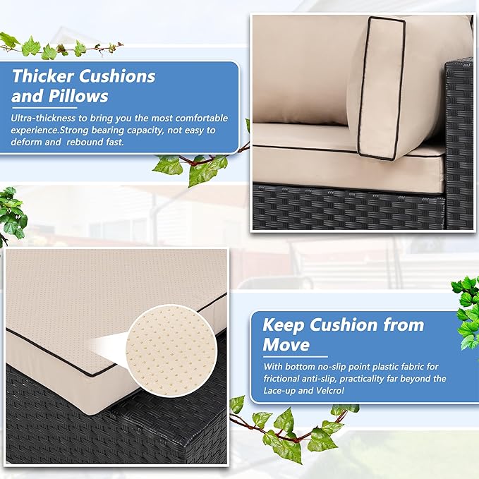 Shintenchi 5 Pieces Outdoor Patio Sectional Sofa Couch, Black PE Wicker Furniture Sets, Patio Conversation Sets with Washable Cushions Glass Coffee Table for Garden, Poolside, Backyard,(Khaki)