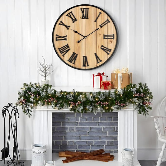 Large Wall Clock 20IN, Silent Metal Wood Style Wall Clocks Battery Operated for Living Room Decor, Farmhouse Big Wall Clock, Outdoor