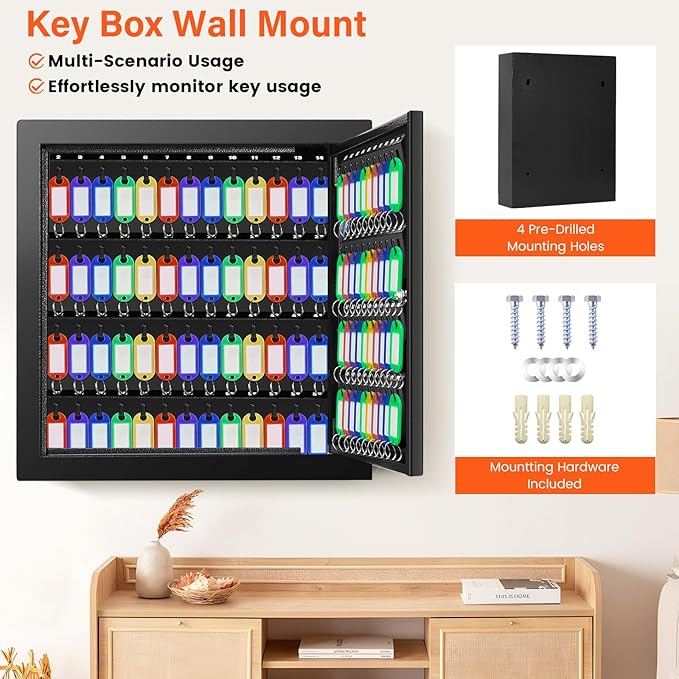 100 Keys Key Cabinet, Anti-Theft Key Lock Box with Key Tags, Adjustable Key Organizer Wall Safe for Car Office House Garage Rental Business