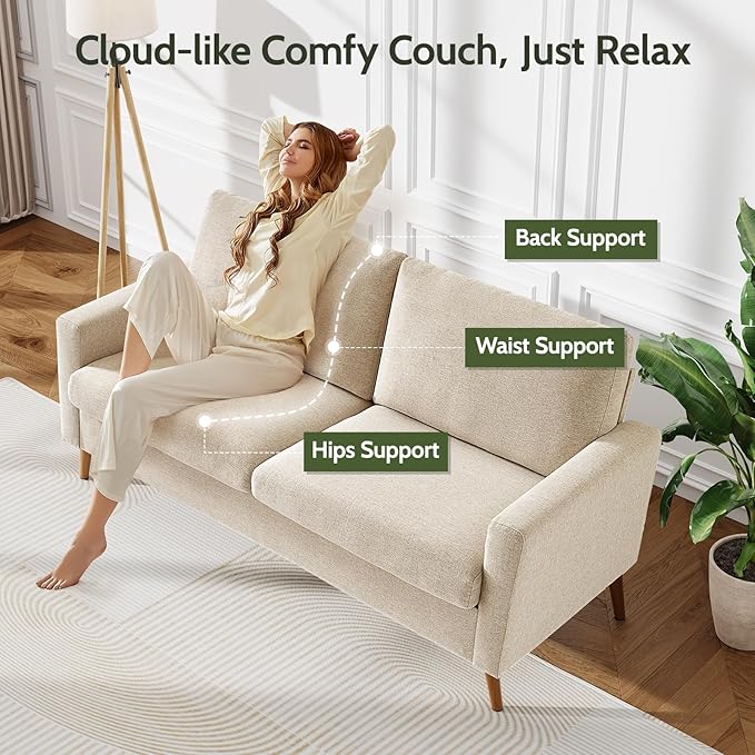WEUP 68" Loveseat Sofa Oatmeal Linen Couch, Mid Century Modern Love Seat Couches for Living Room, Small Loveseat for Bedroom Office, Comfy Sofa with Spring Cushion, Solid Wood, Tool-Free Assembly