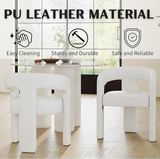 Modern Barrel Dining Chairs Set of 6, PU Leather Upholstered Accent Side Chair with Arms Comfy Makeup Vanity Chairs, Dining Living Room Kitchen Chairs, White