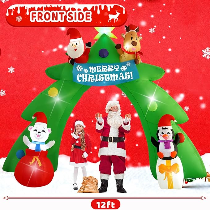 12FT Christmas Tree Arch Inflatable Decoration, Built-in LED Lights and Rotating Colored Lights, Suitable for Christmas Lawns, Gardens, Courtyards Outdoor Inflatable Decoration