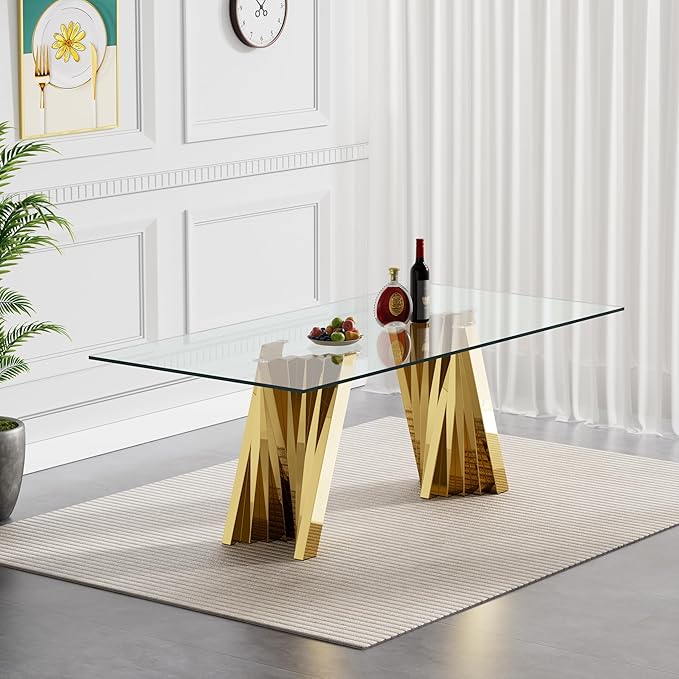 Goujxcy 70" Glass Dining Table Set for 6, Modern Gold Dining Table Set with 6 Beige Velvet Upholstered Dining Chairs, 7 Piece Kitchen Dining Room Table Set with Stainless Steel Legs