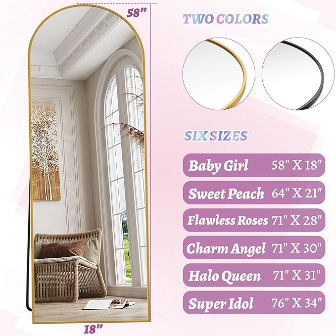 Full Length Mirror, 58"x18" Arched Floor Mirror Freestanding, Floor Standing Full Body Mirror with Stand for Bedroom, Hanging Mounted for Living Room Cloakroom, Gold