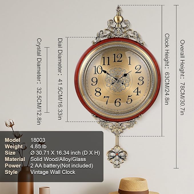 Vintage Wall Clock with Pendulum,Diameter 16 in/Full Length 30.7 in Large Retro Metal and Glass Silent Clock for Living Room, Antique Wood Pendulum for Dining Room Office Home Decor