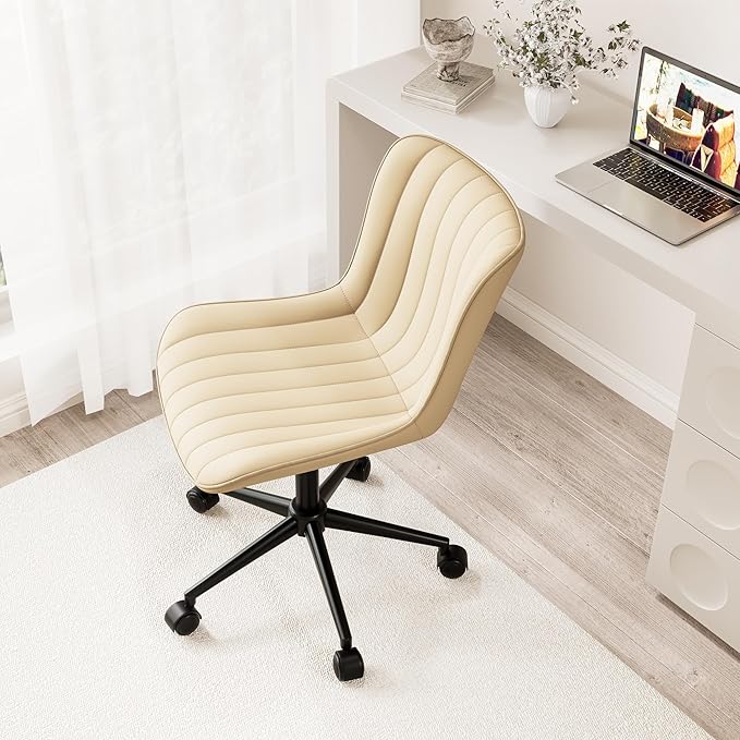 Kidol & Shellder Beige Leather Home Office Desk Chair with Wheels Modern Cute Armless Executive Swivel Vanity Chair with Comfy Padded Back Ergonomic Rolling Adjustable Computer Task Chair Small