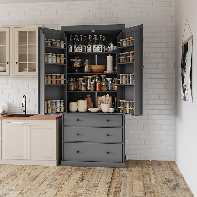 Merax 77" Tall Kitchen Storage Cabinet Pantry Wood Freestanding Large Cupboard with 3 Drawers,3 Adjustable Shelves,8 Door-Shelf for Dining Room,Grey