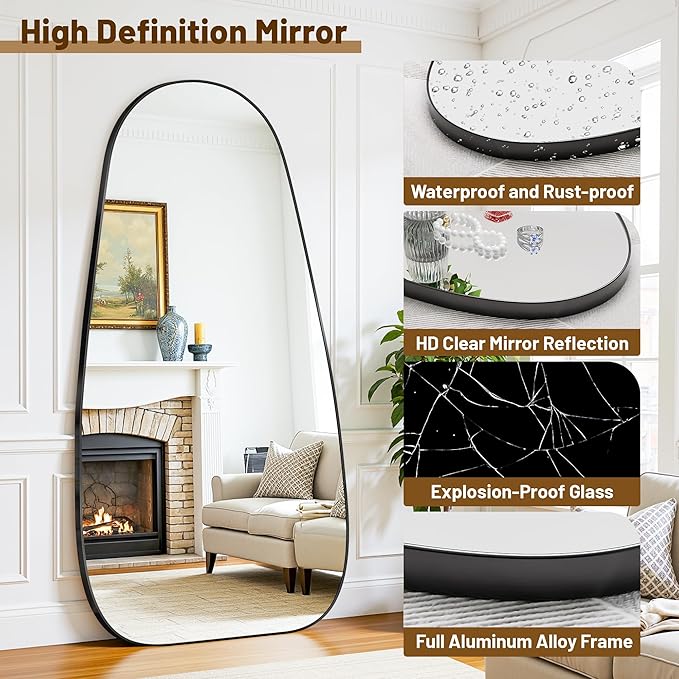 Antok Full Length Mirror, 81"x41" Floor Mirror with Stand,Standing Hanging Leaning Irregular Mirrors for Bedroom Living Room Entryway,Tear Drop Style,Black