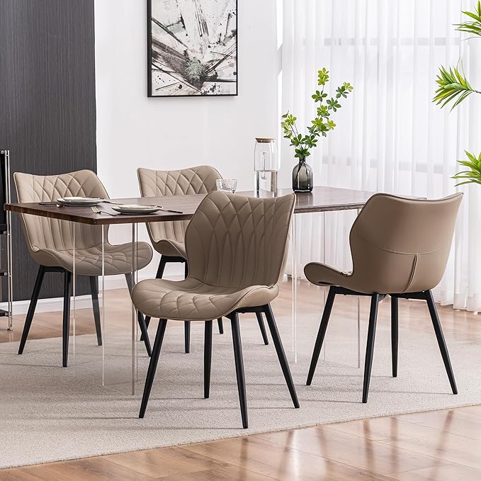 Kidol & Shellder Dining Chairs Set of 2 Modern Kitchen Chairs with Back Armless Accent Chairs for Living Room Upholstered Faux Leather Chair Mid Century Comfy Side Chair with Metal Legs, Khaki