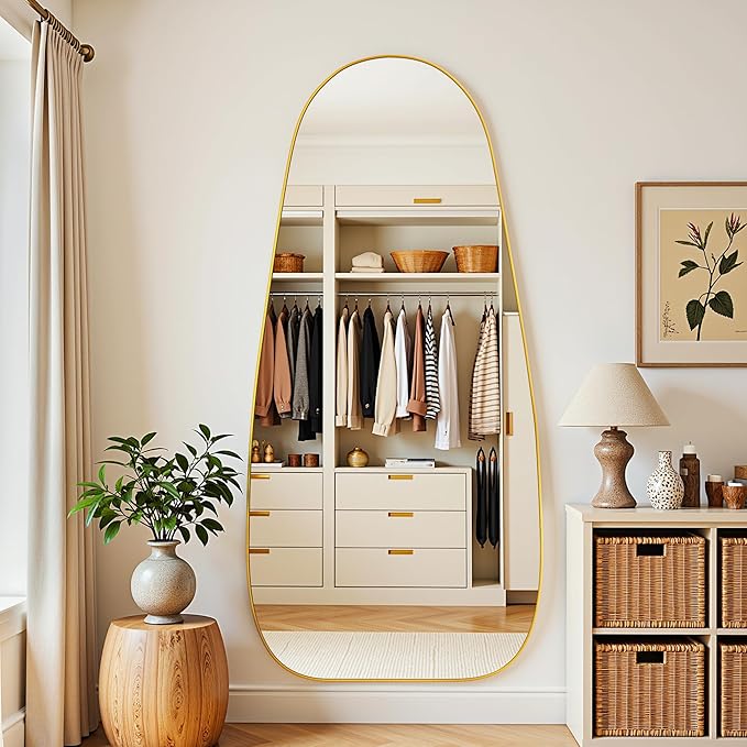 Antok Full Length Mirror, 68"x26" Floor Mirror with Stand,Standing Hanging Leaning Irregular Mirrors for Bedroom Living Room Entryway,Tear Drop Style,Golden