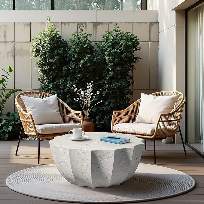 35" Outdoor Round Coffee Table Modern Stylish Design Waterproof & Moisture-Proof No Assembly Required Outdoor Coffee Table for Patio, Garden, Backyards - US Warehouse (White)