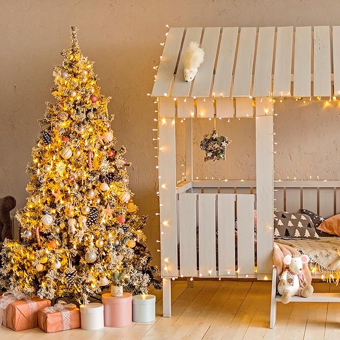 JMEXSUSS 200 LED Christmas Lights Indoor Outdoor, Connectable Warm White Christmas Tree Lights Clear Wire, 66 Ft Twinkle Fairy String Light Plug in for Bedroom Wedding Xmas Tree Decorations