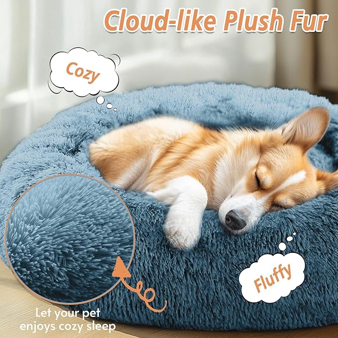 JOLLYVOGUE Calming Dog & Cat Bed for Small Dogs, Anti-Anxiety Donut Cuddler Cozy Soft Round Bed with Anti-Slip Bottom, Fluffy Faux Fur Plush Cushion Beds for Small Medium Pets (23")