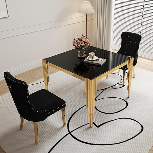 3 Piece Glass Dining Table Set, 35" Square Glass Kitchen Table with 2 Black Velvet Upholstered Chairs, Gold Dining Table for 2 with Chairs Set for Kitchen, Living Room