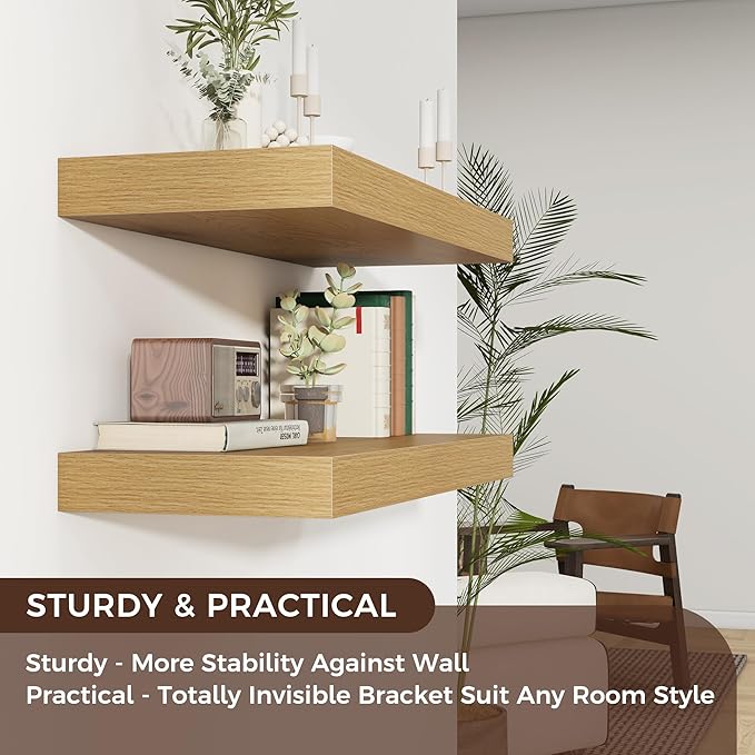 Floating Shelves for Wall, 30" W x 12" D x 2" H, 2 Pack of Long Wall Mounted Engineered Wood Shelves with Invisible Brackets for Living Room, Bedroom, Bathroom, Kitchen Decor, Oak