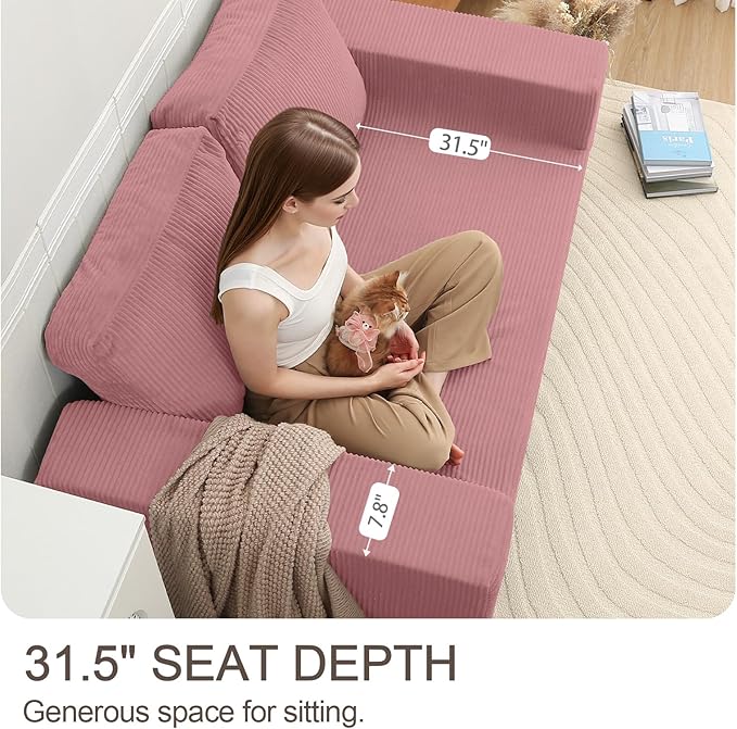 COMAX Convertible Sofa Bed Queen, Folding Fold Out Couch Bed, Floor Futon Couch Corduroy Sleeper Mattress with Back Pillows, Boneless Sofa Comfy Lounge Loveseat for Living Room Bedroom, Pink