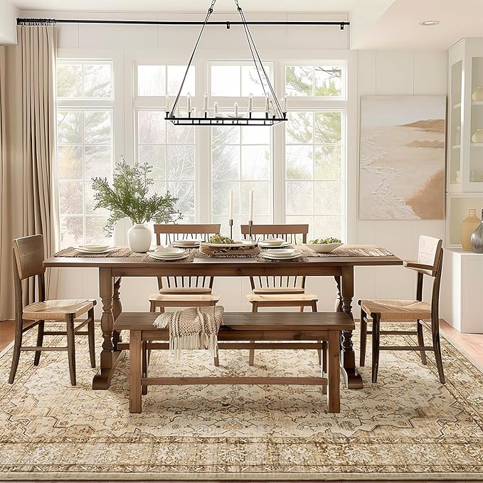 8x10 Area Rugs for Large Living Room Washable Low Pile Non Slip Stain Resistant Euro Floral Distressed Big Boho Carpet Rug Ultra-Thin for Bedroom Dining Room Farmhouse Family Room,Natural Beige