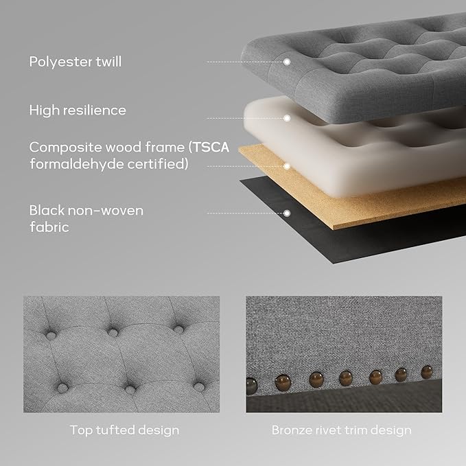 HUIMO 51-inch Storage Bench Ottoman with Removable Tray, Cotton Linen Blend Fabric, Button Tufted, Safety Hinge, 300lb Weight Capacity, Gray