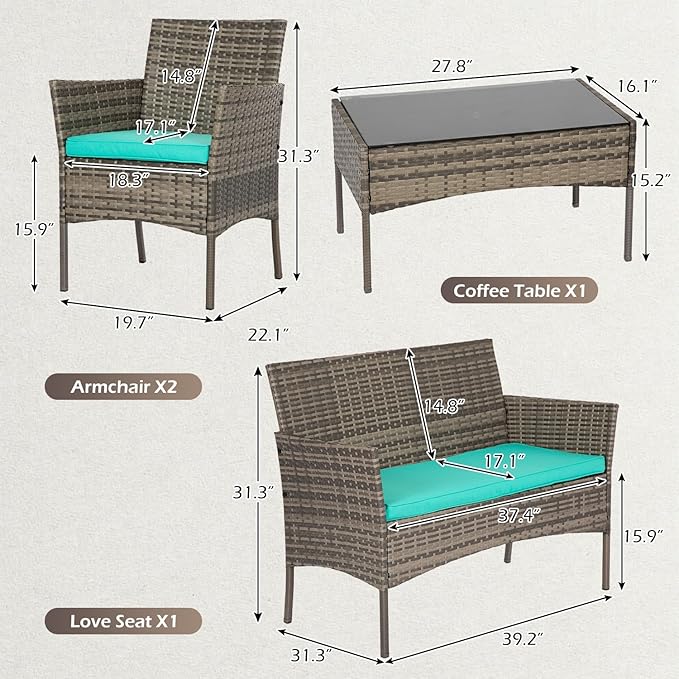FDW | 4-Piece Patio Furniture Set | Gray & Blue | Outdoor Wicker Furniture with Coffee Table | Modern Rattan Chairs Conversation Set | Outdoor Seating | Weather-Resistant | for Porch, Garden, Lawn