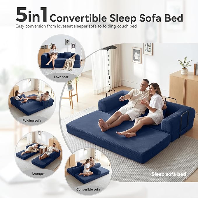 Convertible Sofa Bed with Cylindrical Pillow,Comfy Floor Sofa Bed Compressed Sofa in Box, Convertible Sofa Bed for Living Room Bedroom Lounge Studio, Comfy High Density Foam Mattress(Navy Blue)