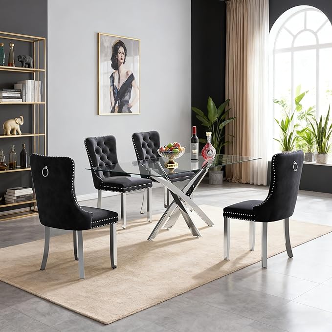 Goujxcy 51" Glass Dining Table Set for 4, Modern Kitchen Table and Chairs Set w/Steel Legs, 5-Piece Dining Table Set w/Glass Silver Dining Table and 4 Black Velvet Chairs for Kitchen Dining Room