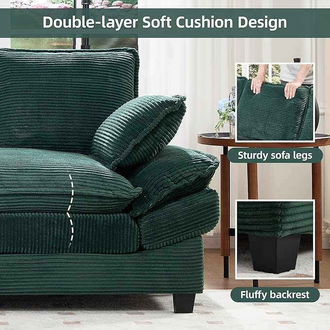 83" Loveseat Sofa, Cloud Couches for Living Room, Comfy Corduroy Couch with Deep Seat, Love Seat Couches for Bedroom, Apartment and Office, Easy Assemble for Small Space (Green)