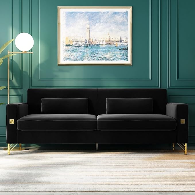 85.63" Velvet Sofa,Modern Loveseat Couch with Pillows Set of 2 for Living Room,Bedroom,Apartment Furniture with Gold Metal Legs (Black)